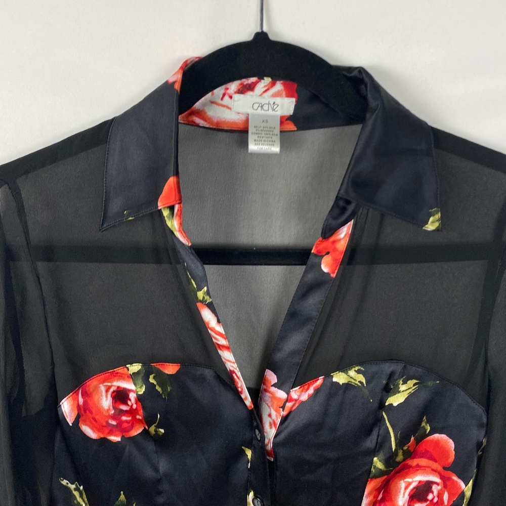 Cache Silk Blend Button Up Blouse Size Xs Black F… - image 4